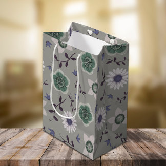 Grey Blue & Green Modern Wildflower Botanical Medium Gift Bag