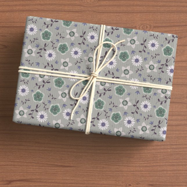 Grey Blue & Green Modern Wildflower Botanical Wrapping Paper (Creator Uploaded)