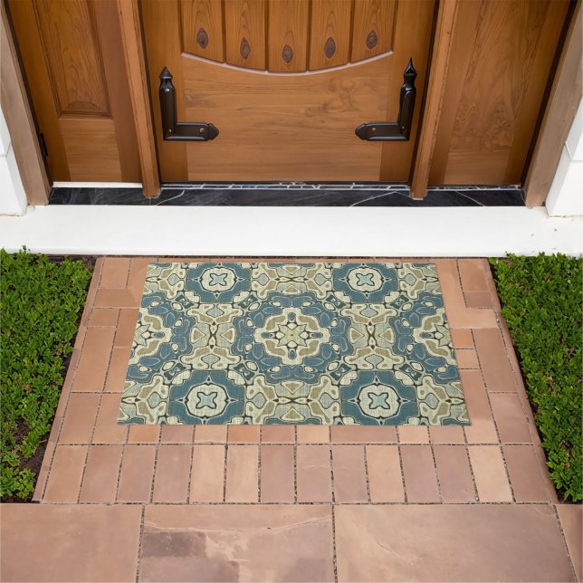 Grey Blue Green Taupe Beige Brown Tribal Art Doormat (Outdoor)