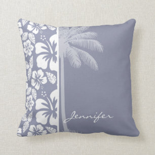 Grey-Blue Hawaiian Tropical Hibiscus; Palm Cushion
