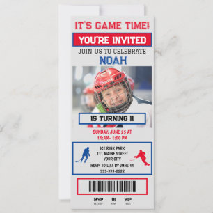 Grey&blue Hockey Ticket Birthday Party Invitation