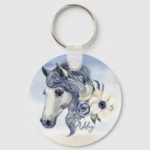Grey blue horse with flowers personalised name  key ring