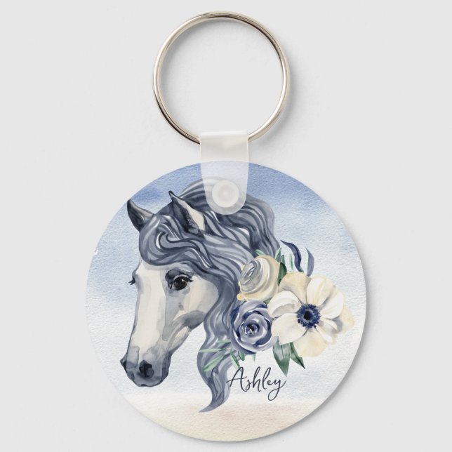 Grey blue horse with flowers personalised name  key ring (Front)