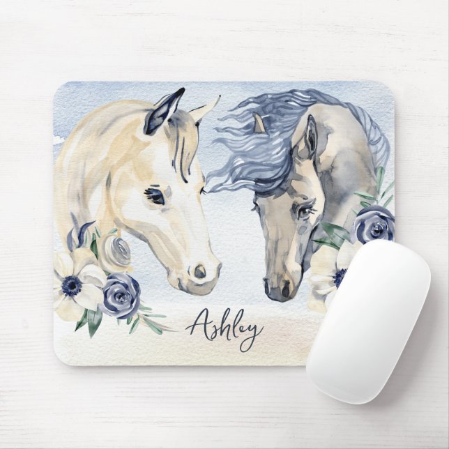 Grey blue horse with flowers personalised name mouse pad (With Mouse)