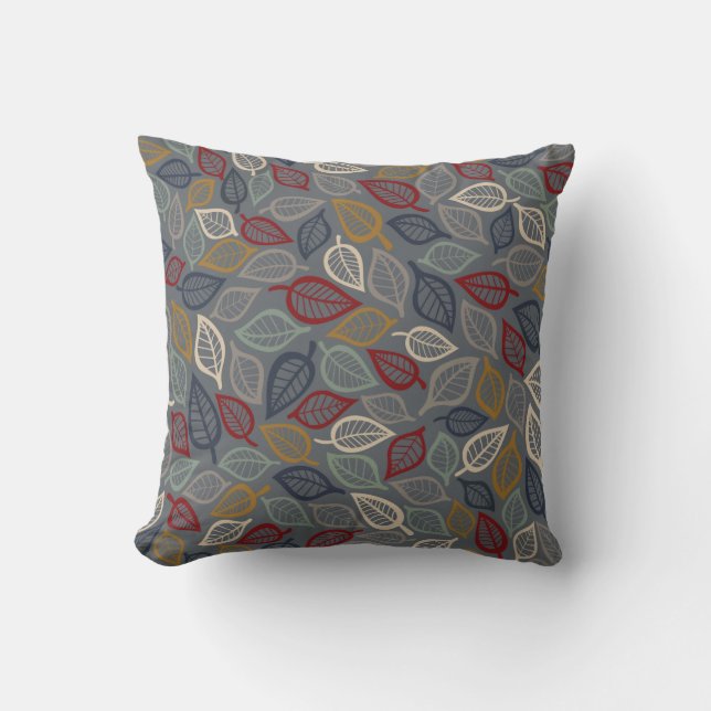 Grey & Blue Leaf Decorative Throw Pillow (Front)