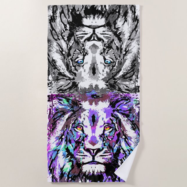 Grey Blue Lion Head - Cool Lion Beach Towel (Front)