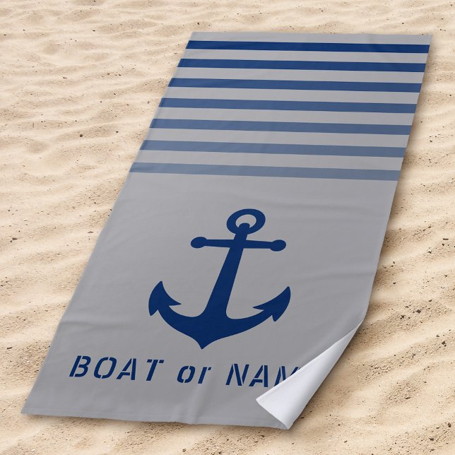 Grey Blue Nautical Anchor Your Name or Boat Beach Towel (Creator Uploaded)