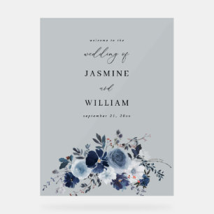 Grey- Blue & Navy Floral Wedding Welcome Acrylic Sign