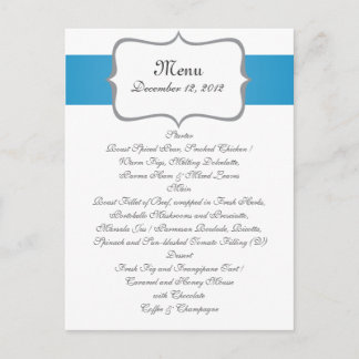 grey&blue paisley pattern on navy wedding menu postcard