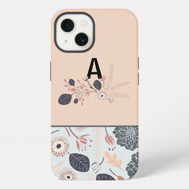 Grey Blue Peach Floral Repeat Monogram iPhone Case (Back)