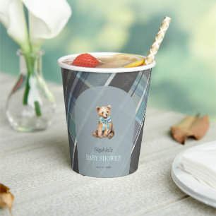 Grey & Blue Plaid Teddy Bear Baby Shower Paper Cups