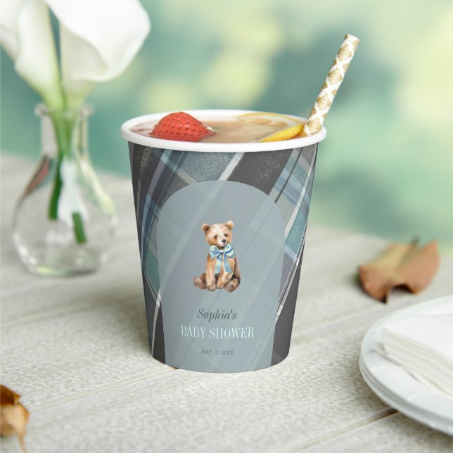 Grey & Blue Plaid Teddy Bear Baby Shower Paper Cups (Insitu)