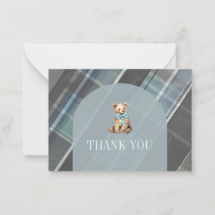 Grey & Blue Plaid Teddy Bear Baby Shower Thank You Card