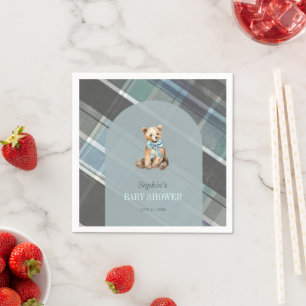 Grey & Blue Plaid Teddy Bear Boy Baby Shower Napkin