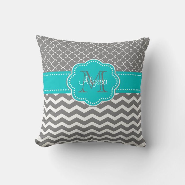 Grey Blue Quatrefoil Chevron Personalised Cushion (Front)