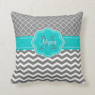 Grey Blue Quatrefoil Chevron Personalised Cushion