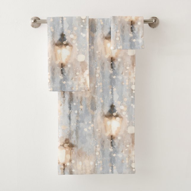 Grey Blue Rainy Day Lantern Bath Towel Set (Insitu)