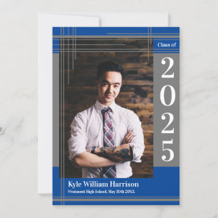 Grey Blue School Colour Graduation Photo Plaid Invitation