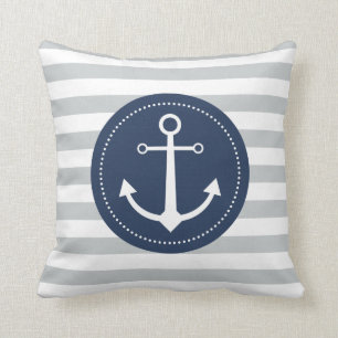 Grey & blue striped anchor pillow