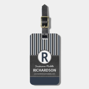 Grey Blue Stripes Chalkboard Monogram Luggage Tag