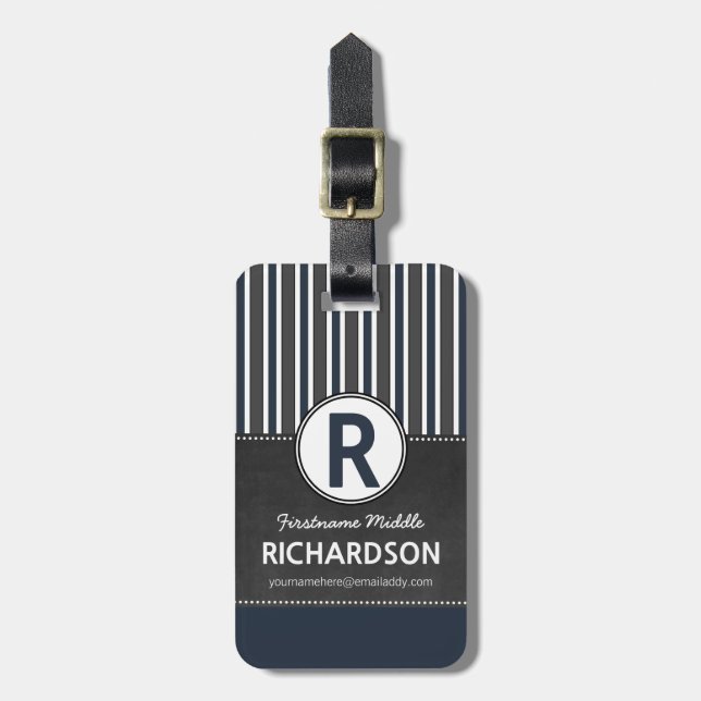 Grey Blue Stripes Chalkboard Monogram Luggage Tag (Front Vertical)