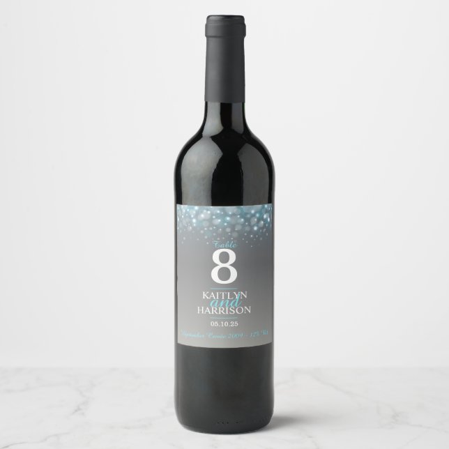 Grey blue table number wedding custom wine labels (Front)