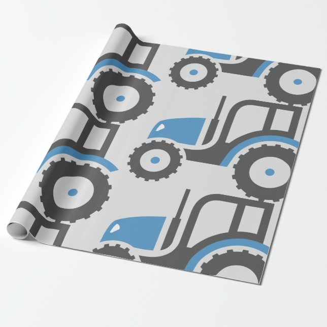 Grey Blue Tractor Wrapping Paper (Unrolled)