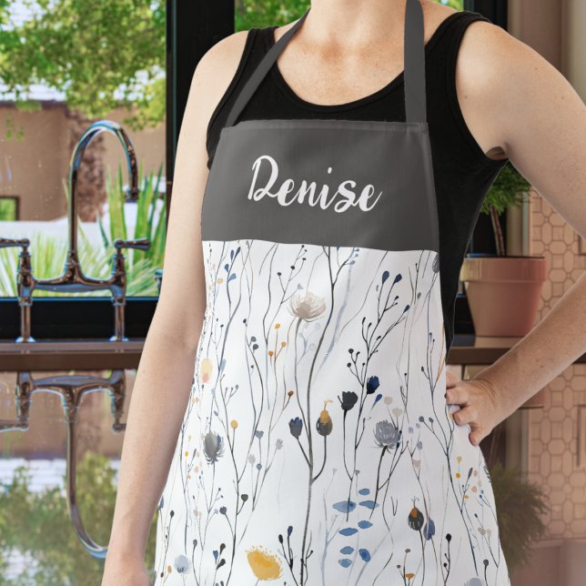 Grey Blue Watercolor Wildflower Custom Name Apron (Creator Uploaded)