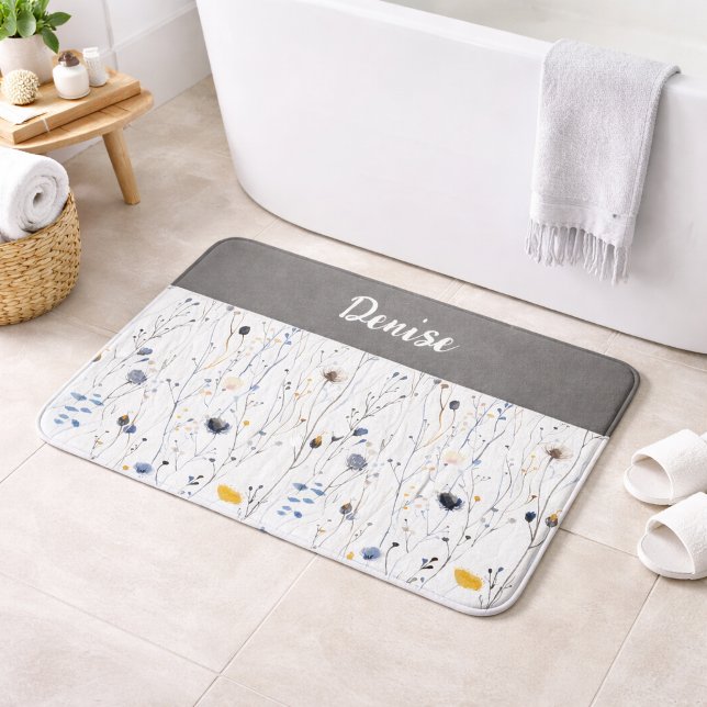 Grey Blue Watercolor Wildflower Monogram  Bath Mat (Creator Uploaded)