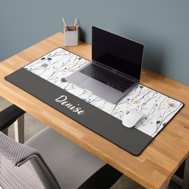 Grey Blue Watercolor Wildflower Monogram Name Desk Mat (Office 2)
