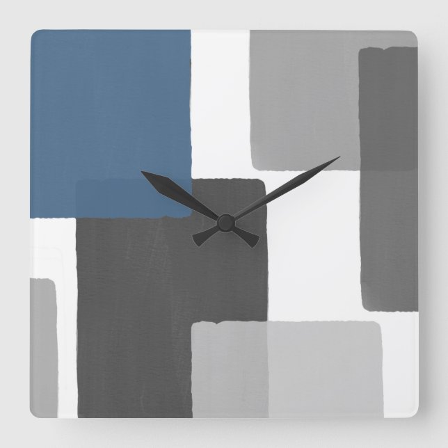 Grey Blue White Geometric Modern Minimalist Square Wall Clock (Front)