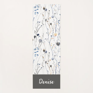 Grey Blue Wildflower Watercolor Custom Name Yoga Mat