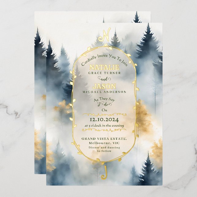 GREY Blue Winter Pine Tree Forest Monogram Wedding (Front/Back)