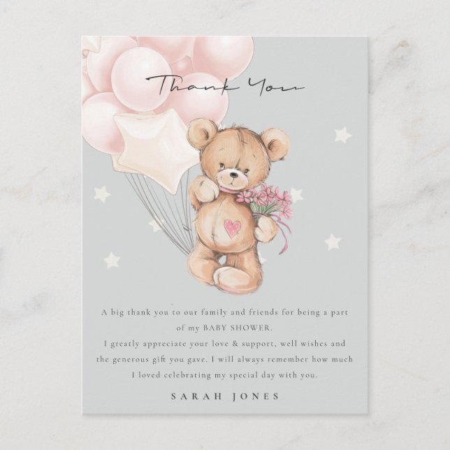Grey  Blush Bear Bearly Wait Balloon Baby Shower Postcard (Front)