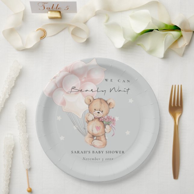 Grey Blush Bearly Wait Bear Balloon Baby Shower Paper Plate (Wedding)