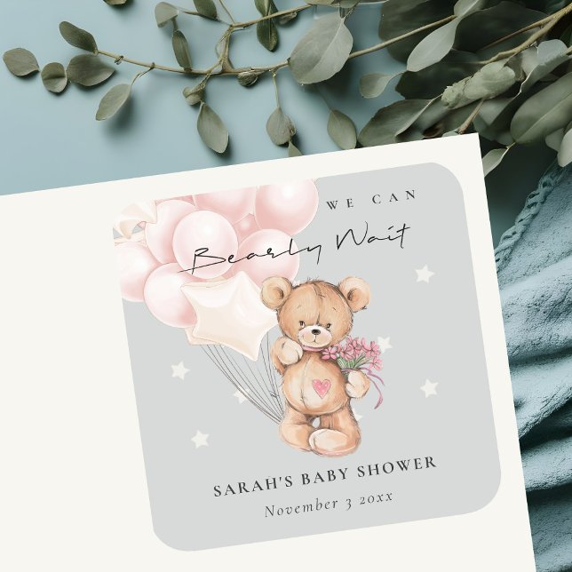 Grey Blush Bearly Wait Bear Balloon Baby Shower Square Sticker (Creator Uploaded)