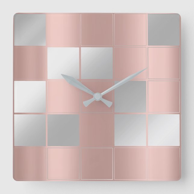 Grey Blush Chessboard Square Geometry Rose Wall Clock (Front)