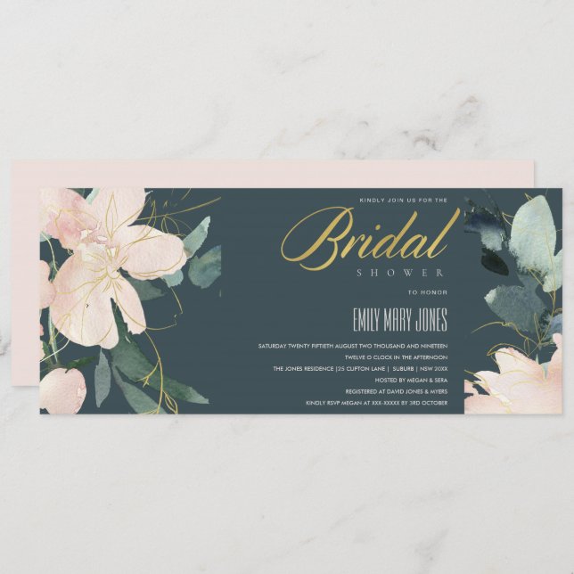 GREY BLUSH FLORAL BUNCH WATERCOLOR BRIDAL SHOWER INVITATION (Front/Back)