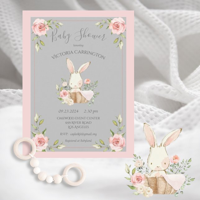 Grey Blush Floral Bunny Rabbit Baby Shower Invitation (Creator Uploaded)
