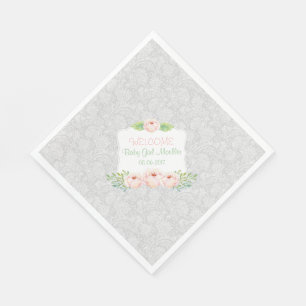 Grey Blush floral Damask Napkin / girl baby shower