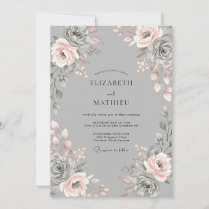 Grey Blush Floral Romantic Wedding Invitation