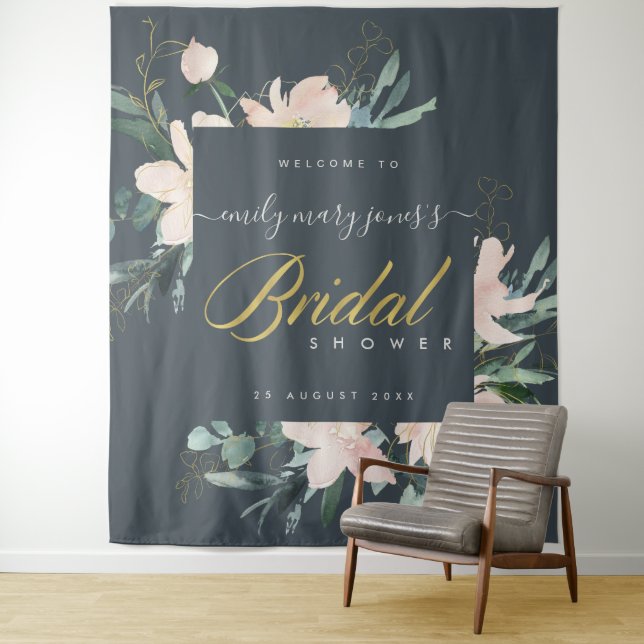 GREY BLUSH FLORAL WATERCOLOR BRIDAL SHOWER WELCOME TAPESTRY (In Situ)