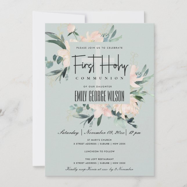 GREY BLUSH FLORAL WATERCOLOR FIRST HOLY COMMUNION INVITATION (Front)