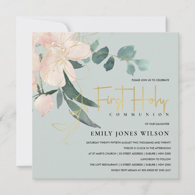 GREY BLUSH FLORAL WATERCOLOR FIRST HOLY COMMUNION INVITATION (Front)