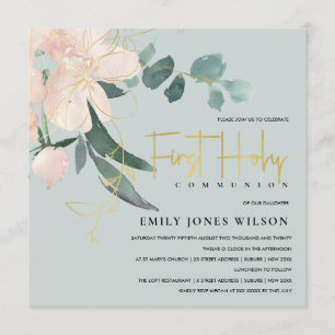 GREY BLUSH FLORAL WATERCOLOR FIRST HOLY COMMUNION INVITATION