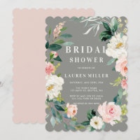Grey Blush Floral Wreath Bridal Shower Invitation