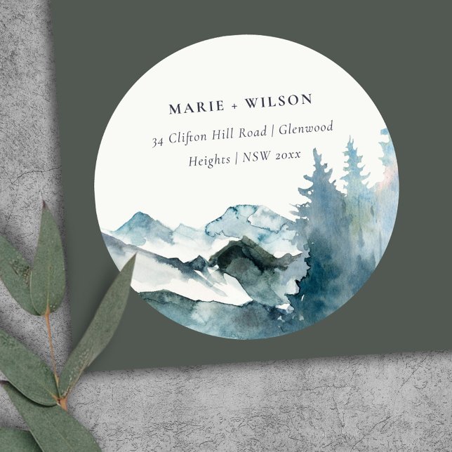 Grey Blush Green Blue Mountains Pine Address Classic Round Sticker (Creator Uploaded)