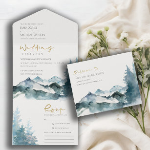 Grey Blush Green Blue Mountains Pine Wedding All In One Invitation