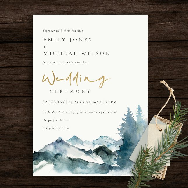 Grey Blush Green Blue Mountains Pine Wedding Invitation (Creator Uploaded)