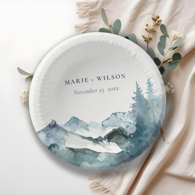 Grey Blush Green Blue Mountains Pine Wedding Paper Plate (Creator Uploaded)